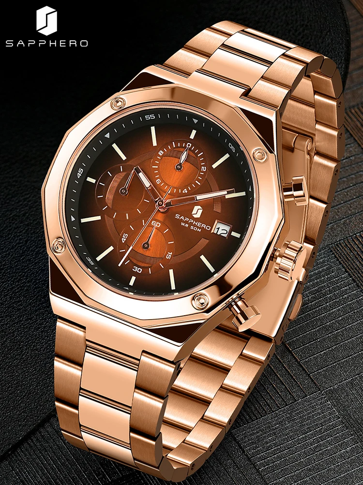 SAPPHERO Rose gold Chronograph Mens Watch Luxury  Stainless Steel Quartz Watch Business Waterproof Luminous Calendar Wristwatch