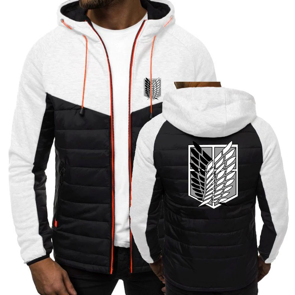 2023 Spring Autumn New Attack On Titan Logo Printed High Quality Cotton Patchwork Outwear Men's Casual Thin Hooded Padded Jacket