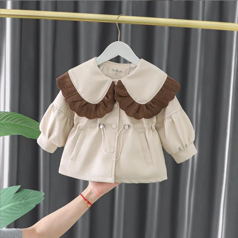 LILIGIRL New Winter Kids Padded Jacket  Cute Lace Edge Lapel Girls Thicken Coat Children Fleece Lining Outwear Jacket 1-5T