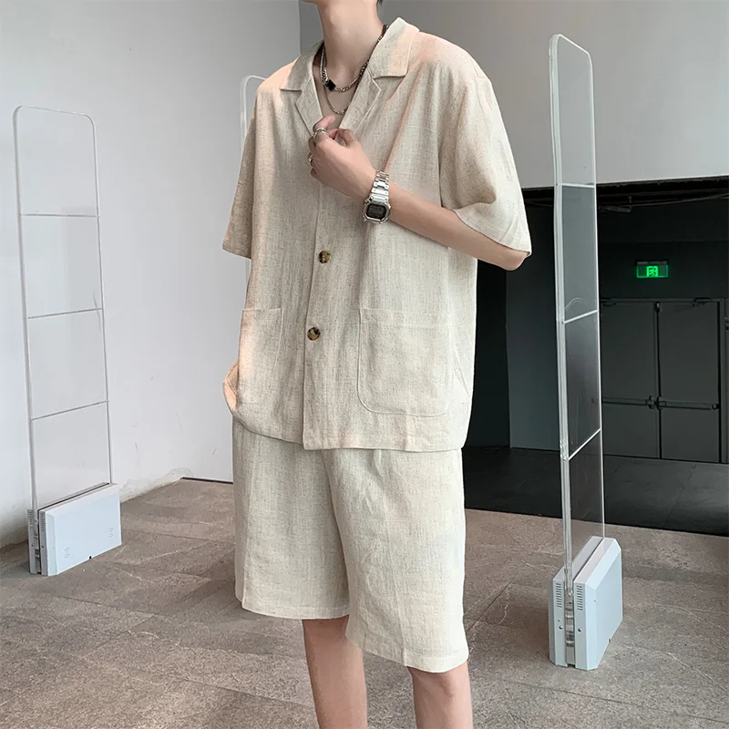 8XL-M Large Size New Summer Men's Linen Suit Breathable Comfortable Chinese Style Short Sleeve Lapel Shirt and Short Pants Men