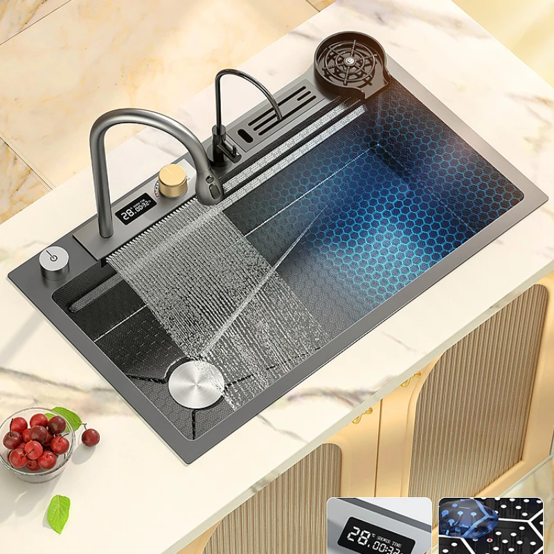 Feiyu Waterfall Sink Large Single Slot Nano 304 Stainless Steel Kitchen Embossed Thickened Digital Display Vegetable