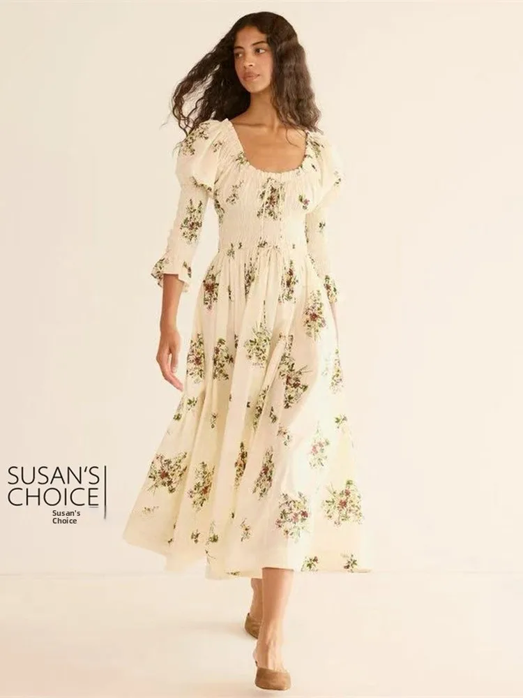 Vestido F de Manga Longa Estilo Campestre Susan, Cintura Elástica, Decote em U, Saia Floral de Conto de Fadas para Cam...