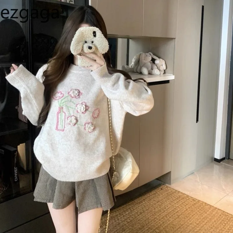 

Ezgaga Sweet Sweater Women Flowers 2025 Autumn Fashion Loose O Neck Elegant Pullover Chic Female Knitted Jumper Casual