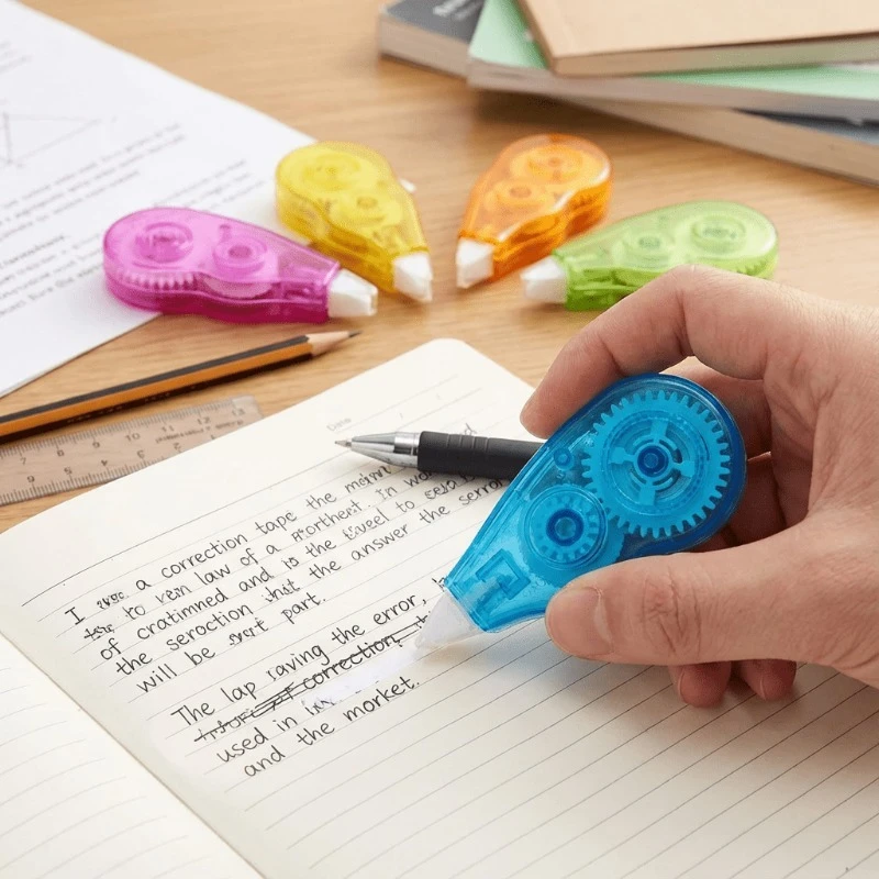 6-Piece Set of Random Color Correction Tapes and Stationery Tape Set |   Colors Are Mixed Randomly, Compact Transparent Gear Design, Smooth Dry Tape.