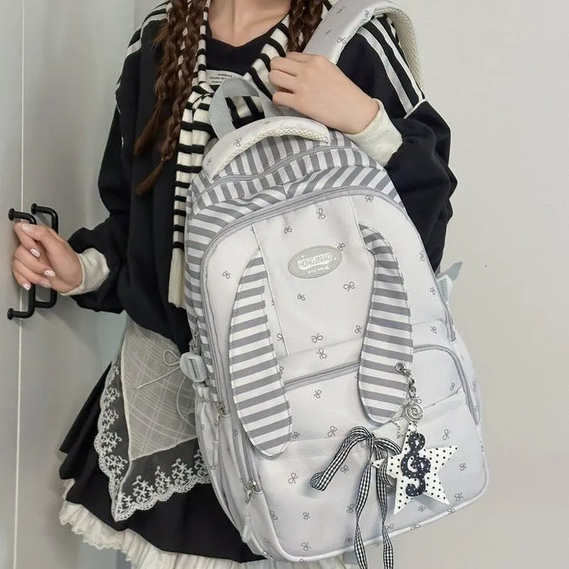 Women Y2K Backpack With Striped Bunny Ears Bow Print And Star Charm Kawaii School Travel Daypack Cute Anime Style Rucksack