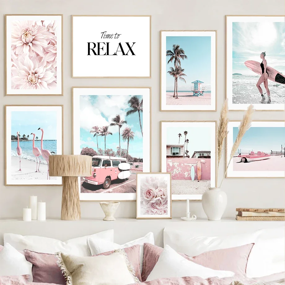 Nordic Beach Flamingo Coconut Tree Seagull Peony Wall Art Canvas Painting Posters and Prints Wall Pictures for Living Room Decor