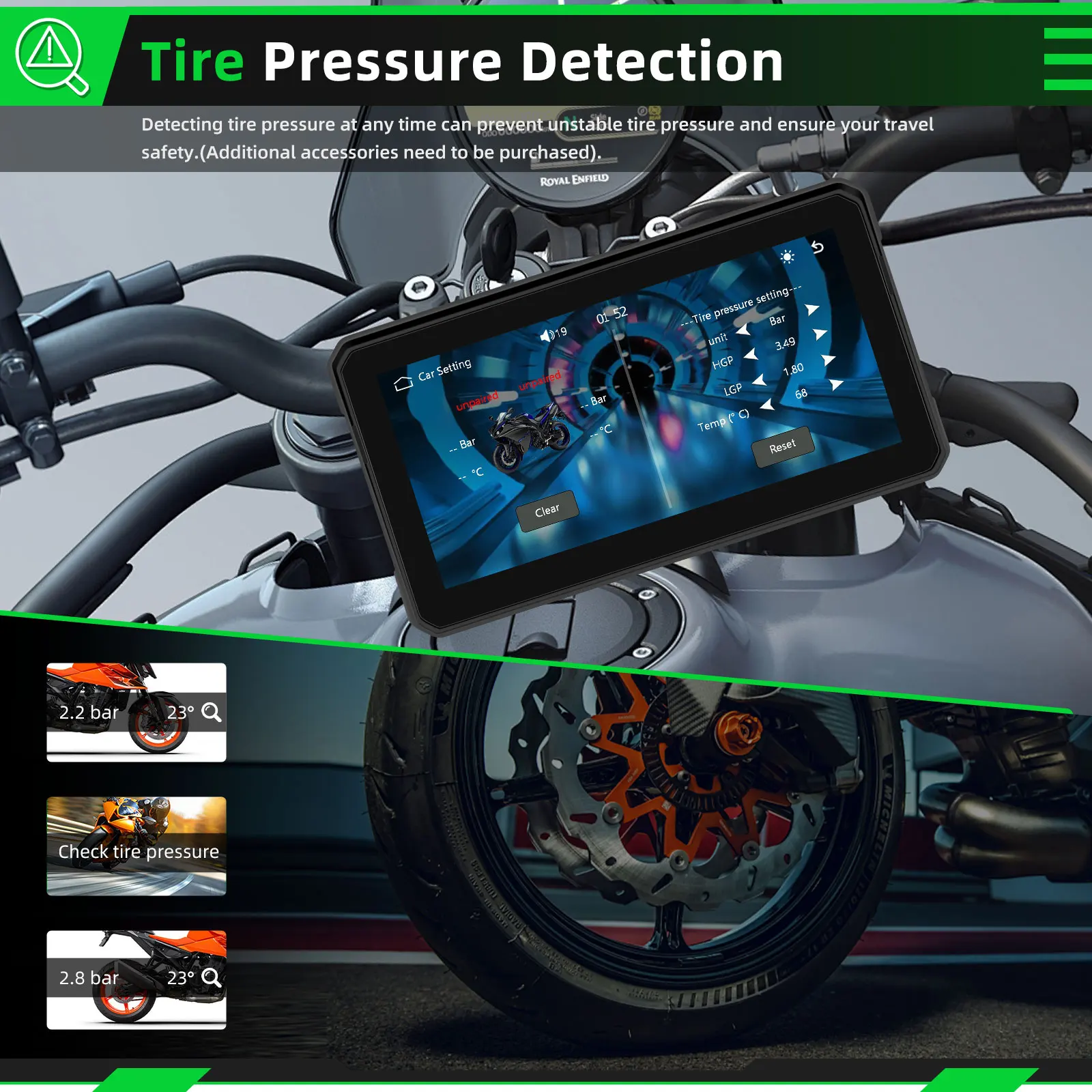 Podofo Carplay Motorrad-Monitor Kabelloses Android Auto Airplay IP68 Wasserdichter Tragbarer Monitor Reifendruckerkennung (Optional) – Detail 8