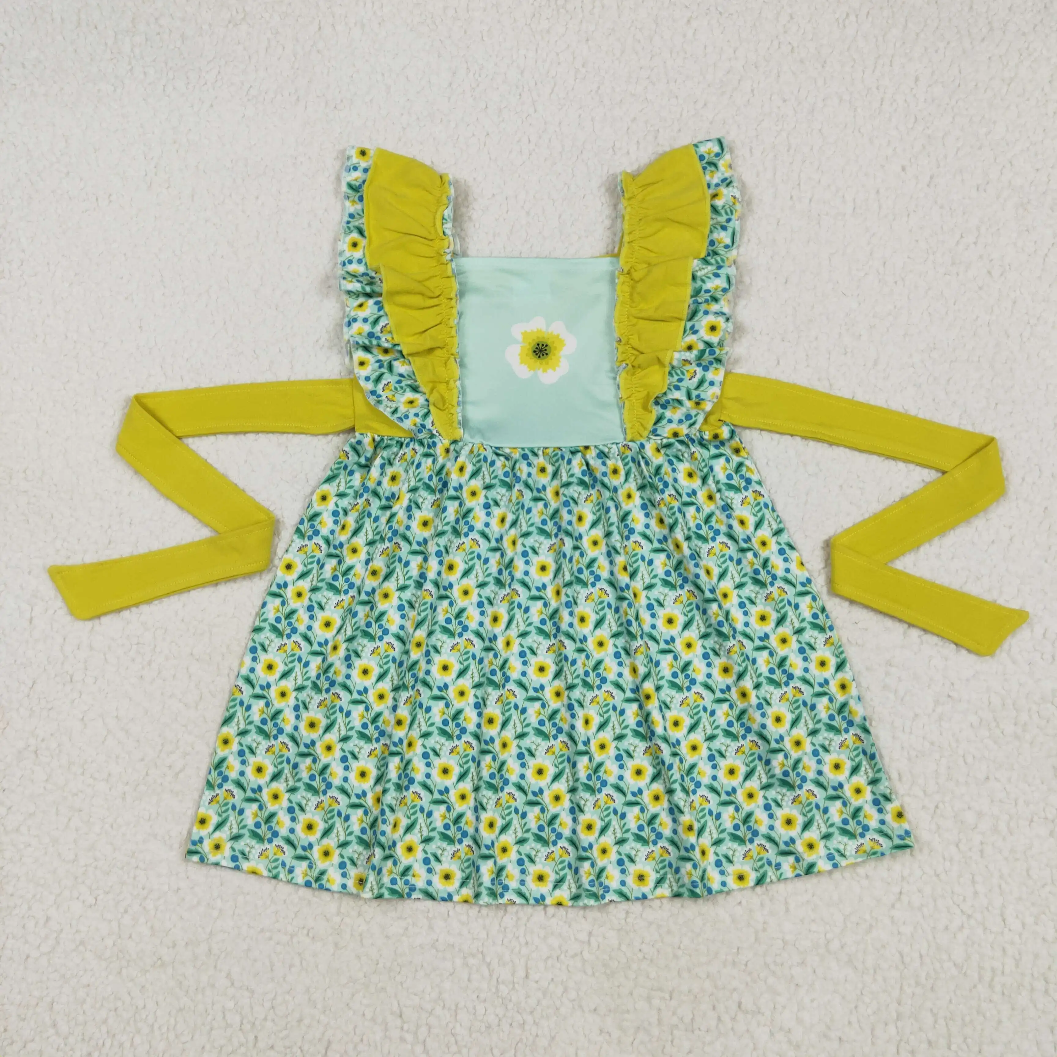 Wholesale Baby Girl Clothes Toddler Children Flutter Sleeves Belt Flower Bow Knee Length Dresses Kids Boutique Infant Summer