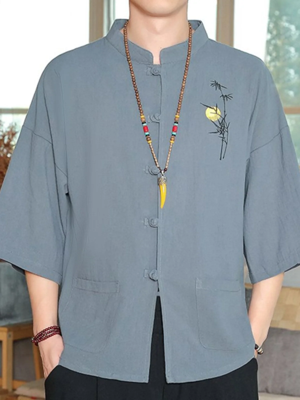 

Men's Linen Shirt Mid-Sleeve 2024 Retro Cotton Linen Embroidered Top with Large Pocket Simple Style Summer New Arrival