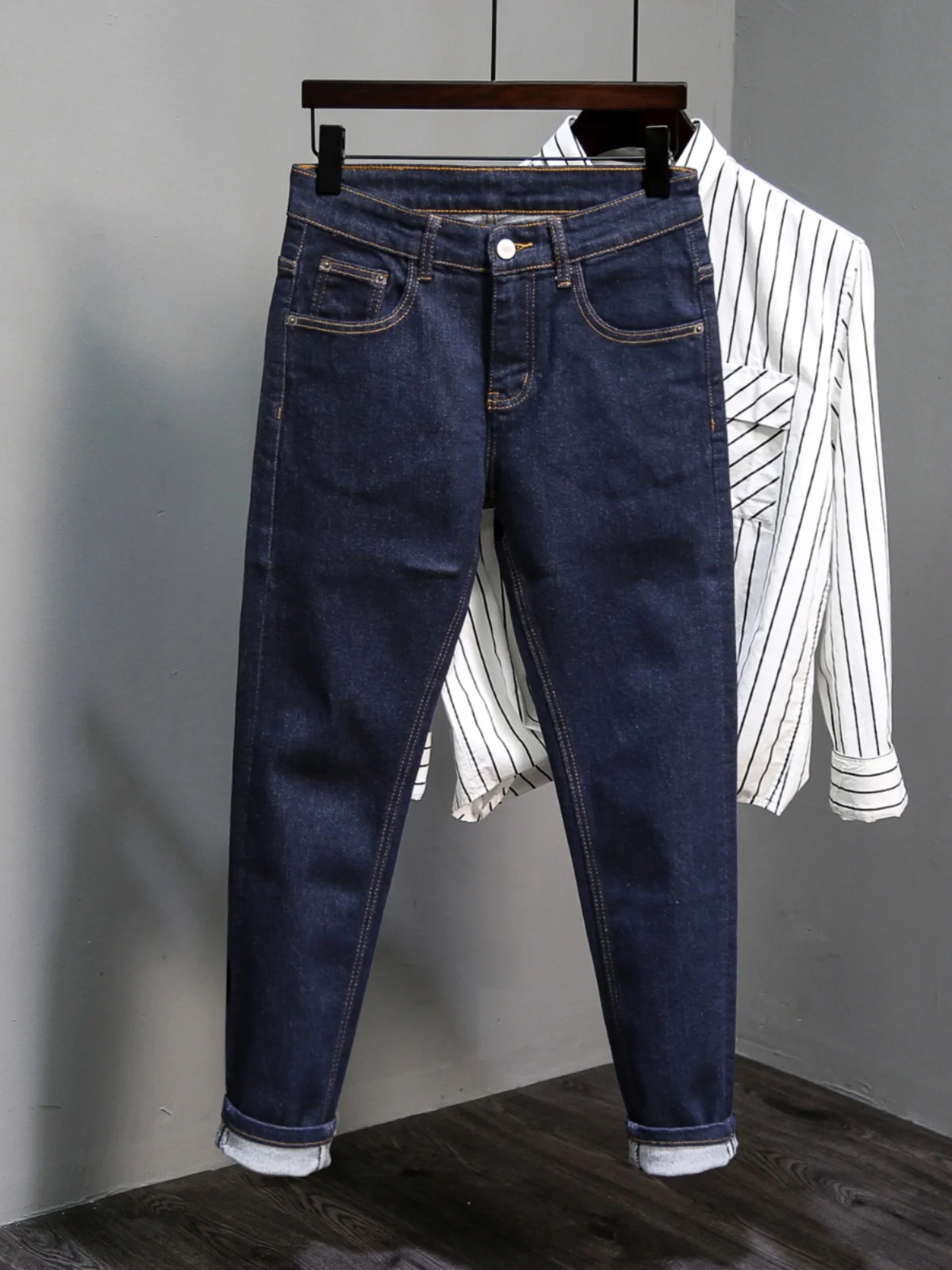 

Slim Fit Straight Leg Men's Jeans mid Waist Cotton Stretch Denim Trendy Spring Autumn New Style Original Color Long Trousers