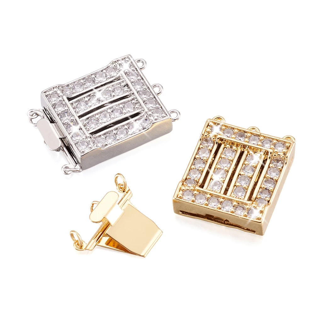 4 Sets Brass Cubic Zirconia Rectangle Box Clasps Mixed Color for DIY Necklace Bracelet Jewelry Making Accessories 32.5x22x6.4mm