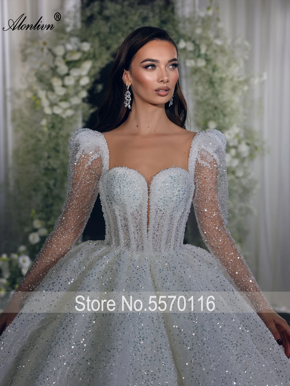 Alonlivn Luxurious Lace Sweetheart Ball Gown Wedding Dresses Beading Pearls Crystals Full Sleeves Princess Bridal Gowns