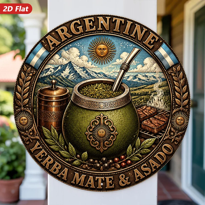 2D Flat, [2D Flat] 2D Flat Print 1pc Round Metal Iron Sign Argentine Mate Asado Wall Art, Ideal for Dining Room Entryway Workspa