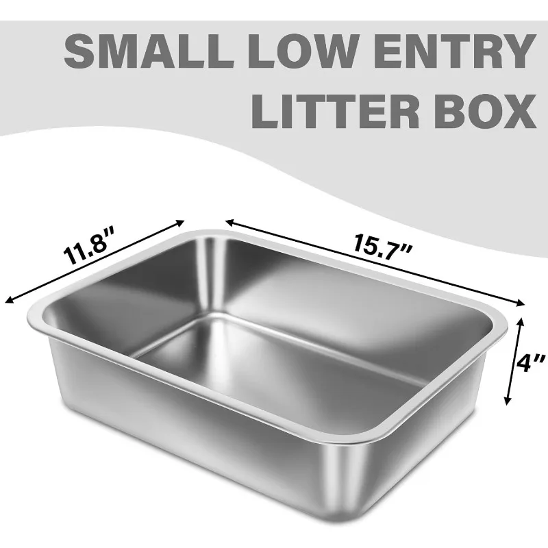 Небольшой лоток из нержавеющей стали, 2 шт., небольшой лоток для котят размером 15,7 x 11,8 x 4 дюйма, легко чистится, с антипригарным покрытием, простой вход, без запаха