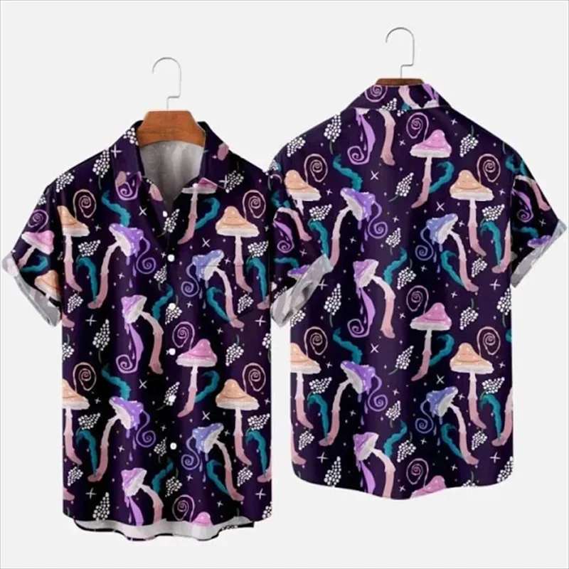 Camisa havaiana com estampa 3D de cogumelo masculino, manga curta, camisa de praia casual, blusa de peito único, roupas masculinas, moda masculina