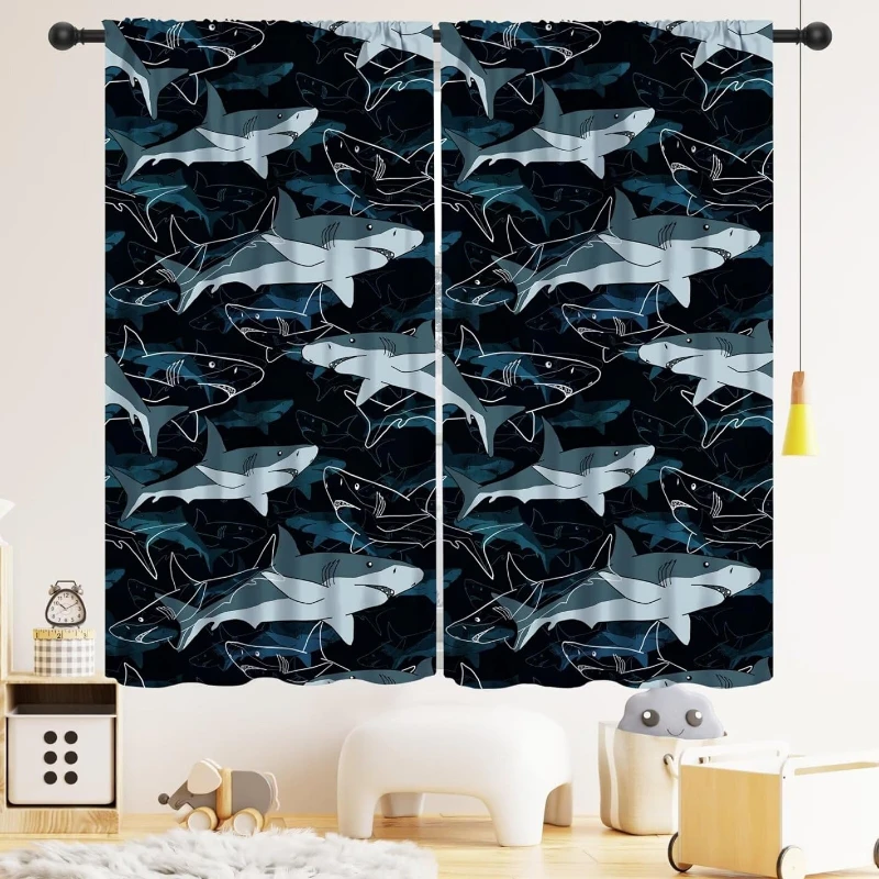 Shark Kids Curtain, Ocean Animal Blackout Curtains, Sea Fish Pattern Window Treatments Drapes for Nursery Kid Boys Room Children