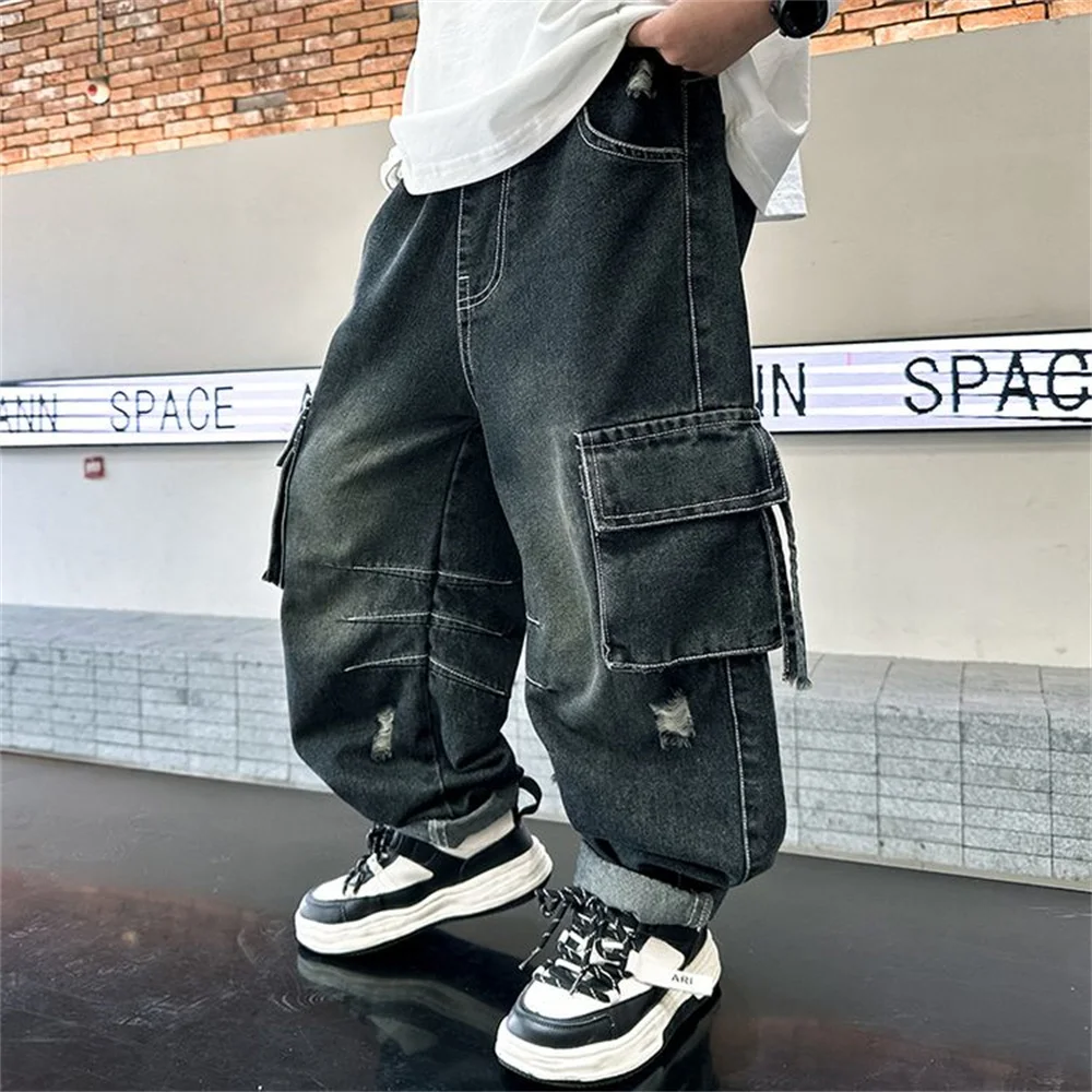 K8550 Korean Fashionable Embroidery Boy Jeans Winter Warm Thick Boy' Jeans Children's Wide Leg Pants Kid Pants