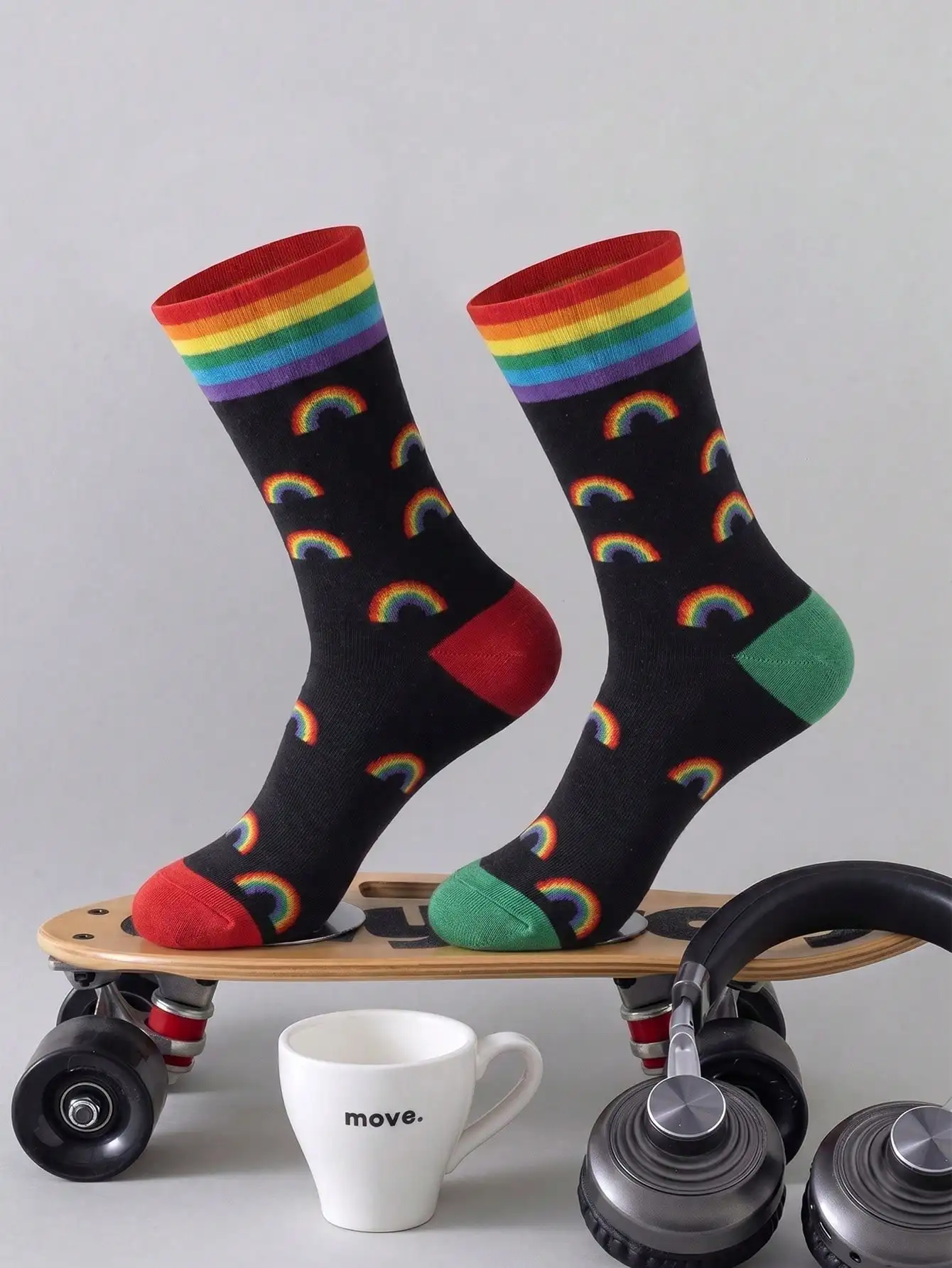 3 Pairs of Black Lgbtq Pride Mid-Calf Socks, Rainbow Gradient Letter Print, Striped Knit Cuff Casual Street Style Mid-Calf Socks