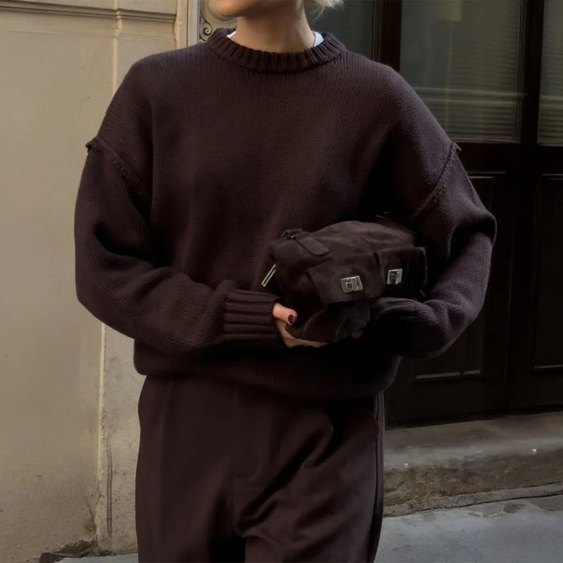 Damen Herbst und Winter Lazy Vacation Vielseitiger Rundhalspullover aus lockerer Wolle mit langen Ärmeln