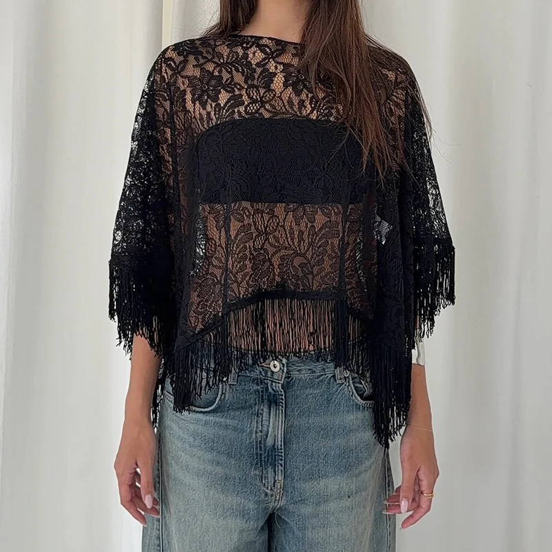 Women Elegant Lace Sheer Hollow Cover Up Blouse Casual O-neck Shawl Floral Pattern Shirt Fashion Fringed Splicing Solid Cape Top