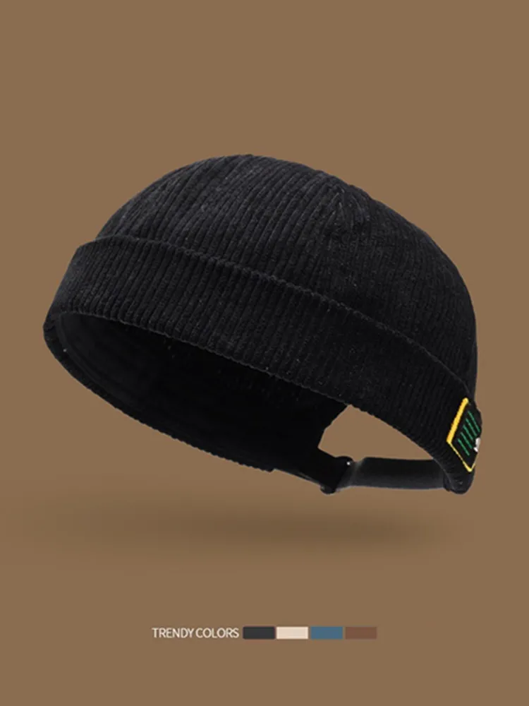 Kernstil: Cord-Label-Mütze für Frühling, Herbst und Winter – stilvolle Retro-Hip-Hop-Schädeldecke aus einfarbigem, gestreiftem Samt – Detail 1