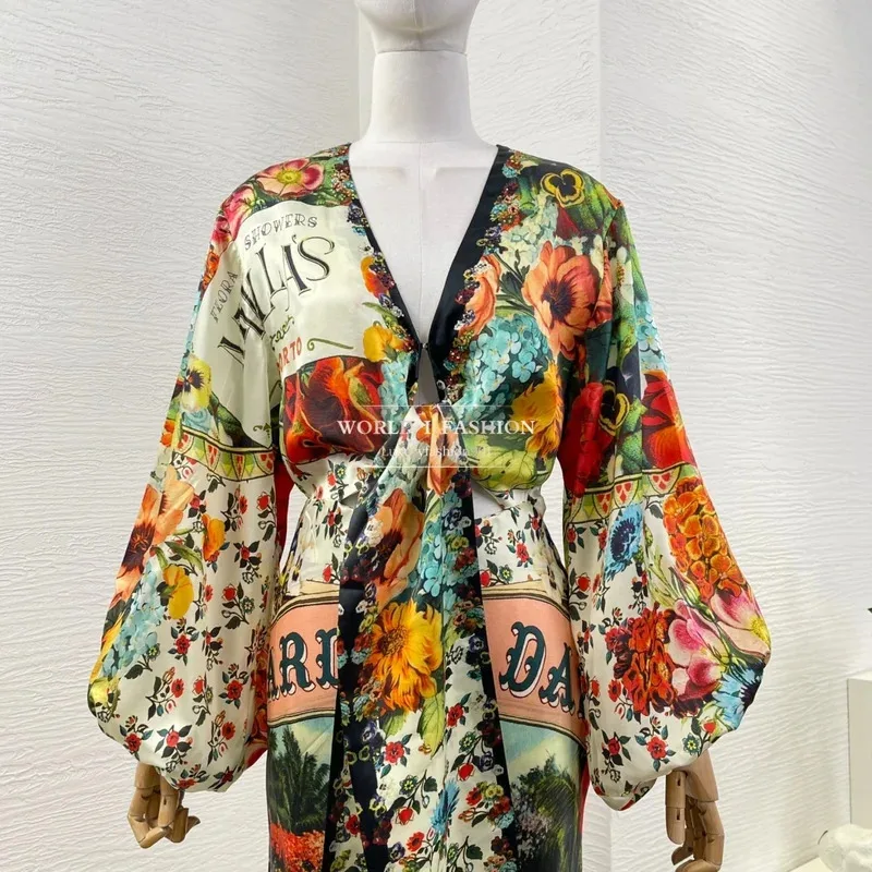 Pure Silk Mixed Color 2025 New High Quality Women Holiday Floral Print Full Lantern Sleeve Midi Mermaid Dress