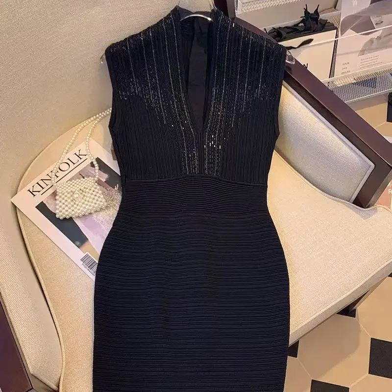 

Summer French Diamond Mini Dress Women Slim Waist Hip Hugging Sexy Dresses V-neck Back Zipper Sleeveless Vestidos