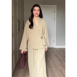 Muslim Two Piece Set Women V Neck Shirt Solid Blouse Wide Leg Pants Suit Dubai Arabic Outfits Morocco Islam Ensemble 2026