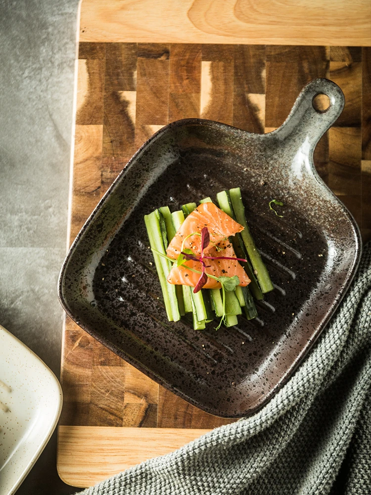 Ceramic Dessert Plate Oven Specific Breakfast Plate Japanese Square Handle Salad Platea Nuts, sushi, vegetables fruit
