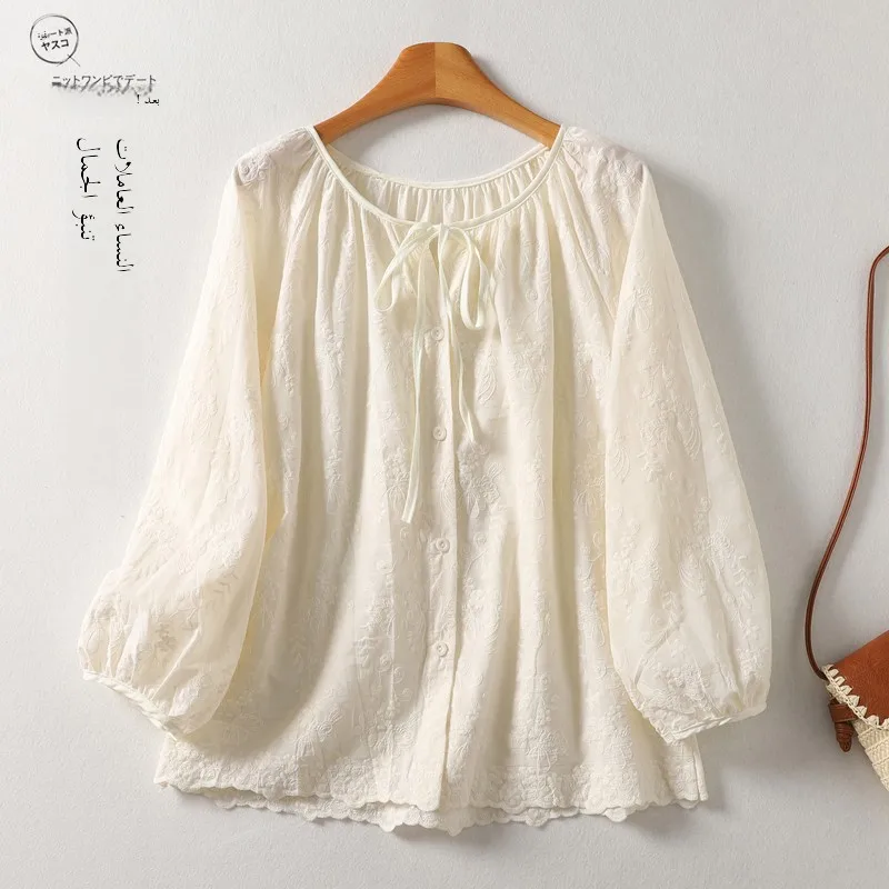 Women's Summer Loose Cotton Linen Shirt Sun Protection Embroidered Tie Casual Open Cardigan Top Thin Flax Sunscreen Women's S...