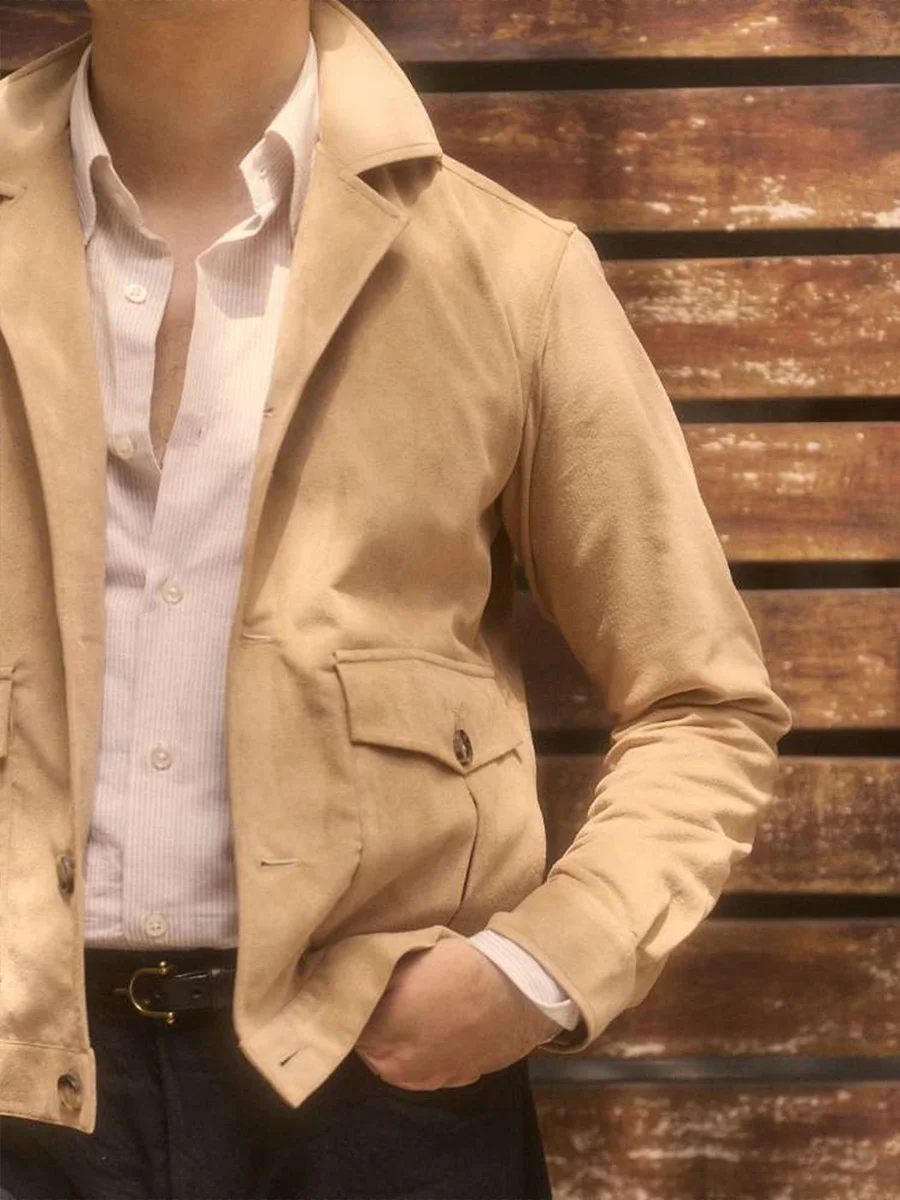 Classic Jacket Men's Khaki Suede-Like A2 Jacket Button-Front Slim Fit Vintage Style