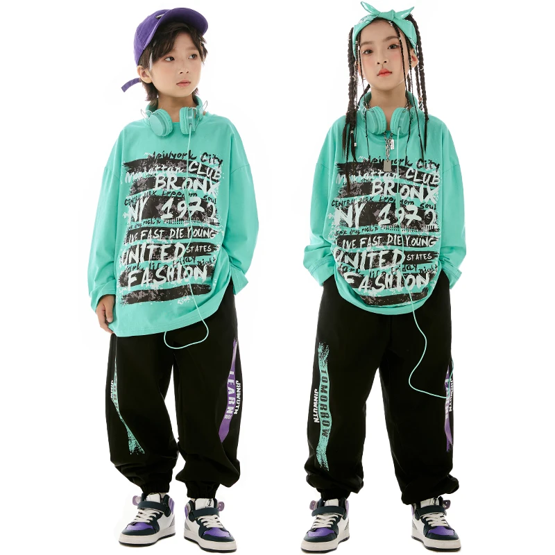 2023 New Kids Jazz Dance Clothes Girls Hip Hop Long Sleeves T Shirt Pants Boys Breaking Street Dance Performance Costume BL11498