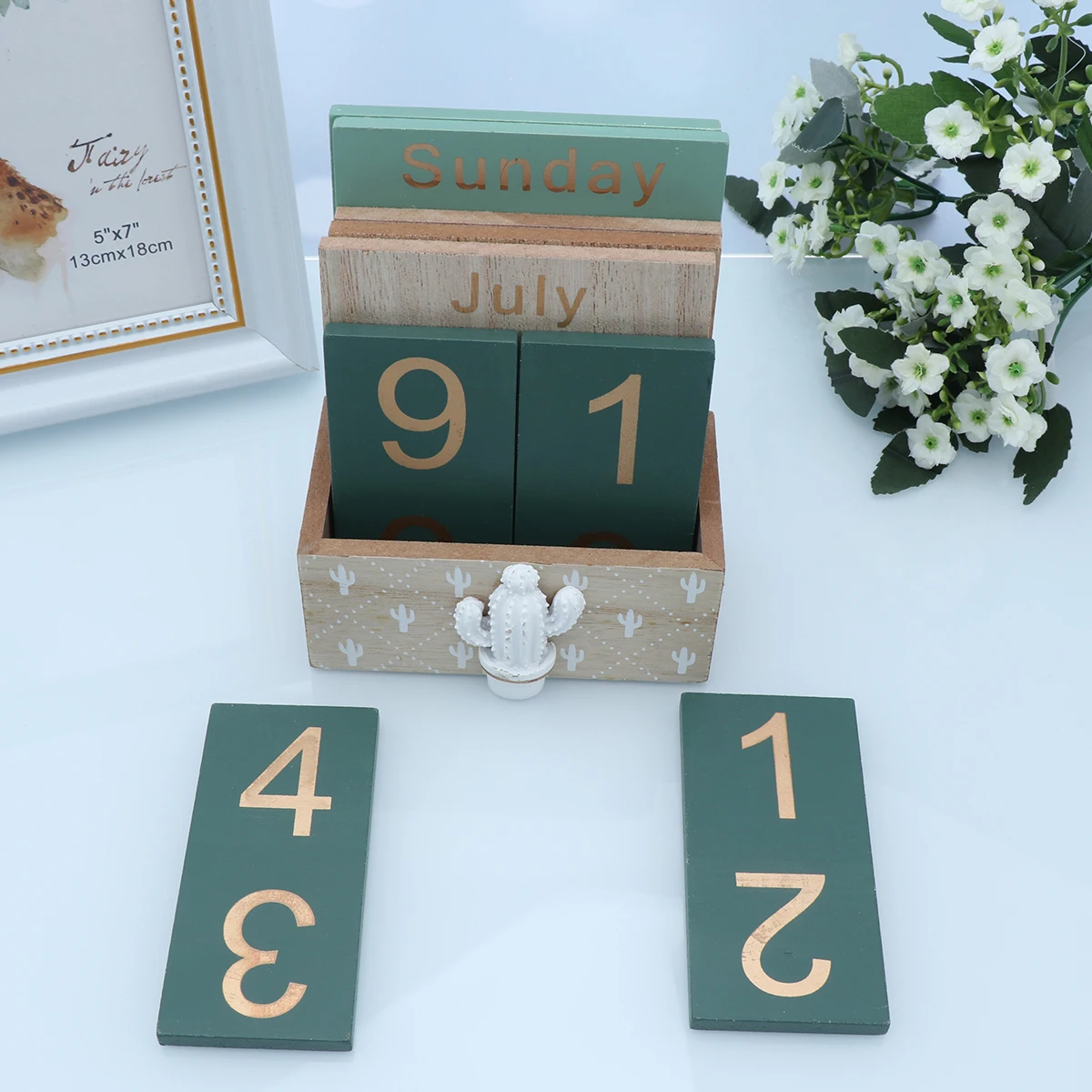 

Wooden Perpetual Calendar Household Office Decor Desk Bamboo Home
