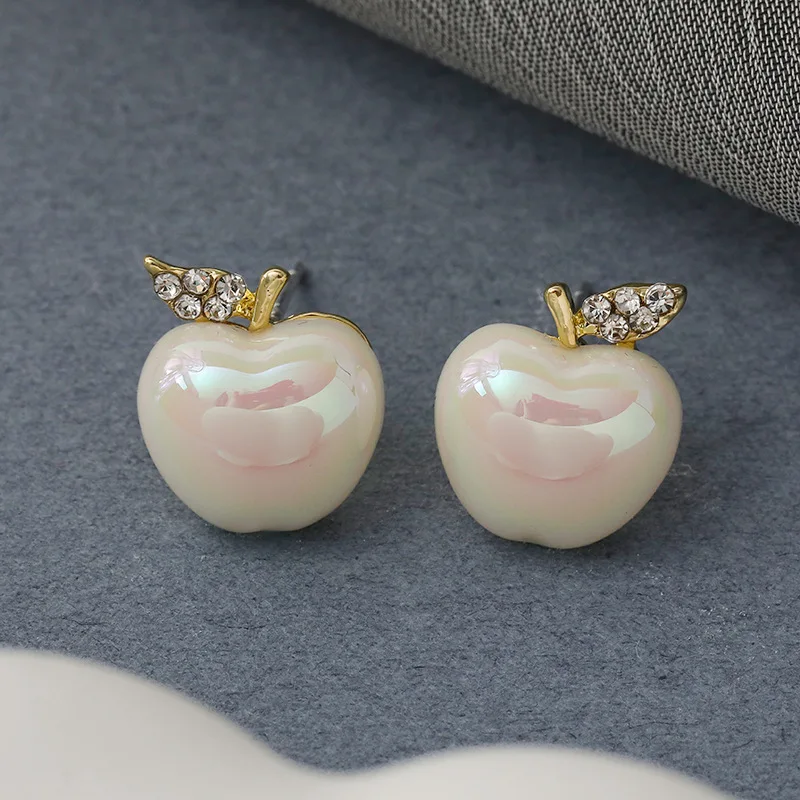 Inlaid Rhinestone  Pearl Creative Apple Earrings for Women Simple Studs Commuter Stud Earrings Wholesale Charms Jewelry