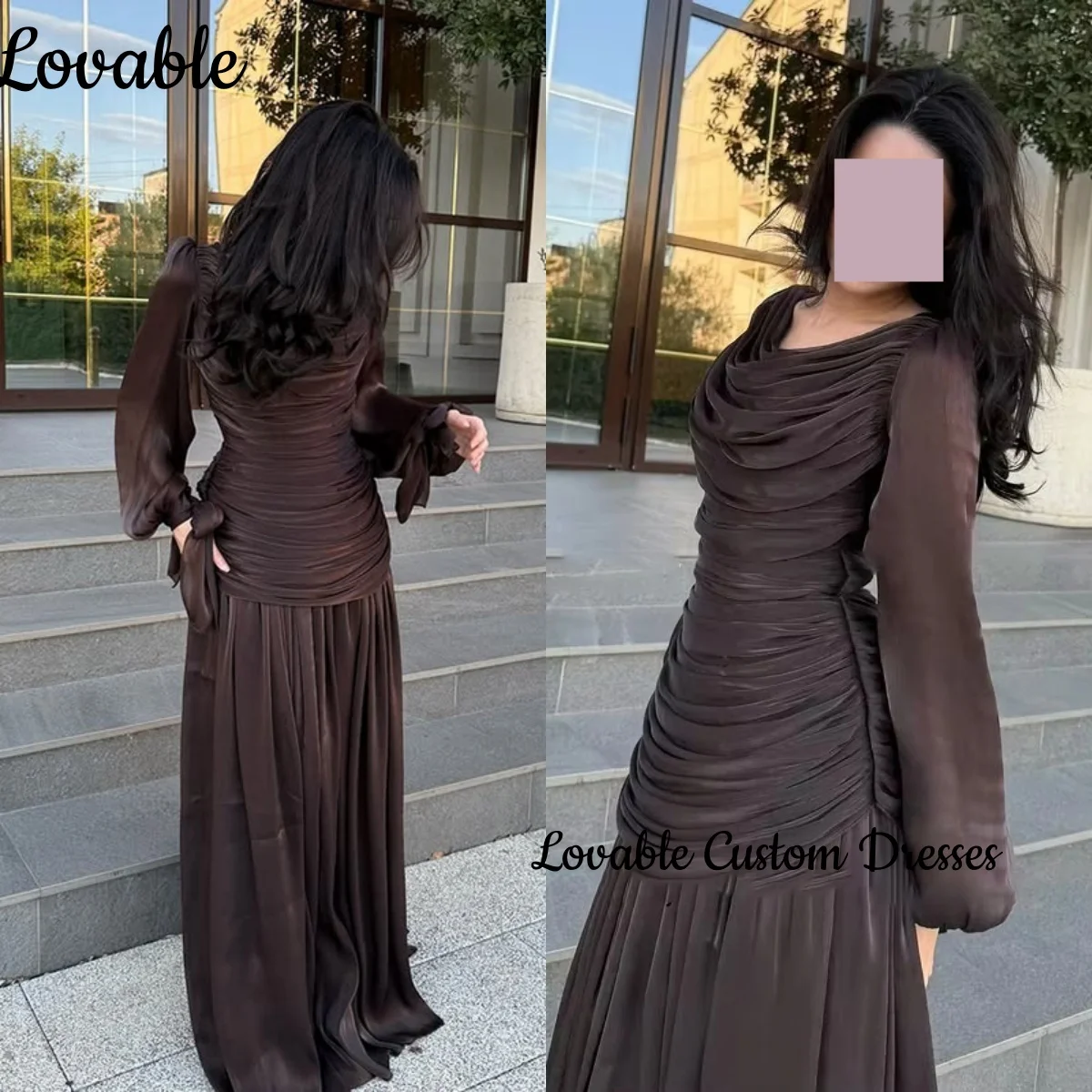 

Elegant Evening Dress A-Line Cowl Neck Floor-Length Prom Dresses Ruffle Zipper Up Long Sleeves Vestidos De Fiesta