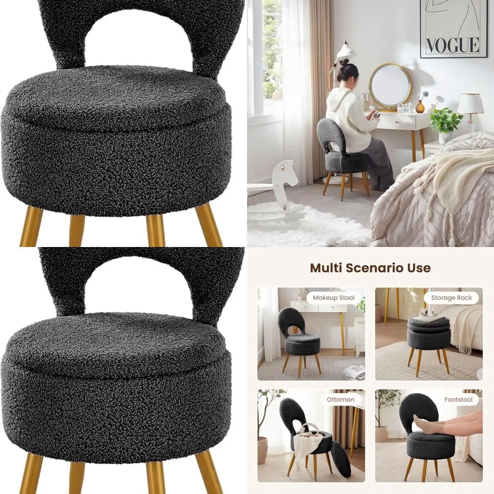 

Storage Ottoman with Backrest & Velvet Seat, Folding Vanity Chair, Ideal for Bedrooms, Living Rooms, and Makeup Areas