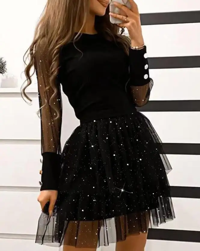 

Elegant Women's Dress 2024 Spring Sweet Glitter Long Sleeve Layered Sheer Mesh Party Dress Round Neck Wedding Guest Dress