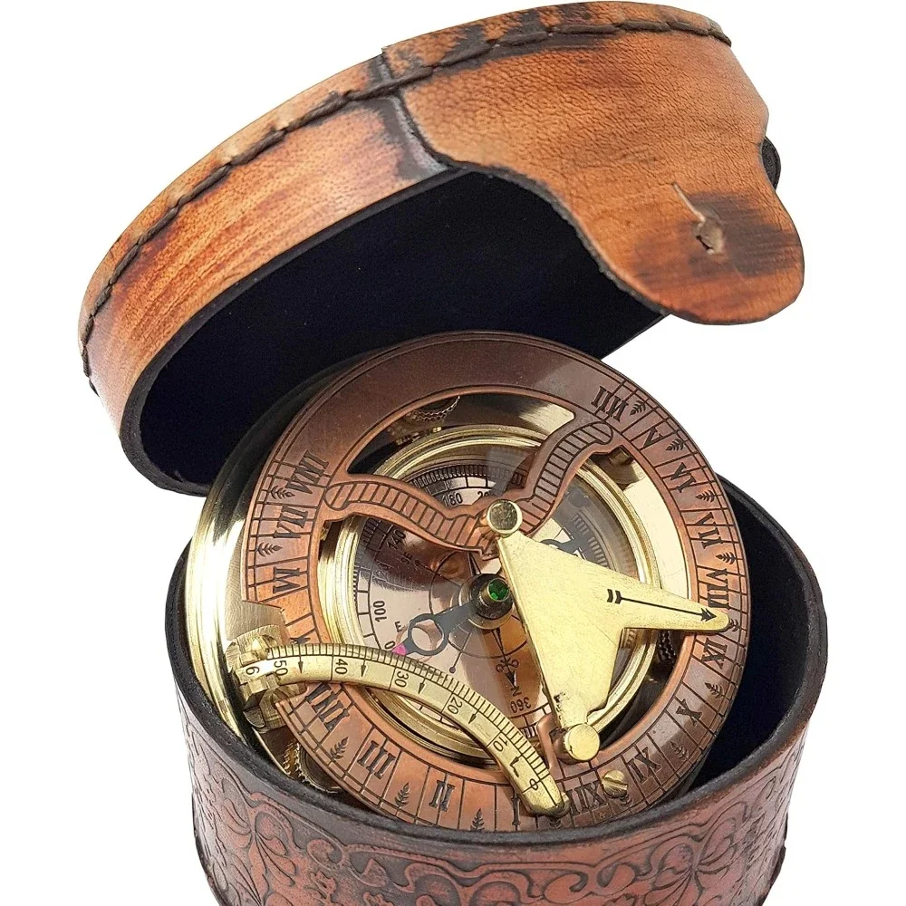 Brass Compass, Sundial Clock in Box Gift Sun Clock Ship Replica Watch - Antique Brass & Copper Sundial Compass