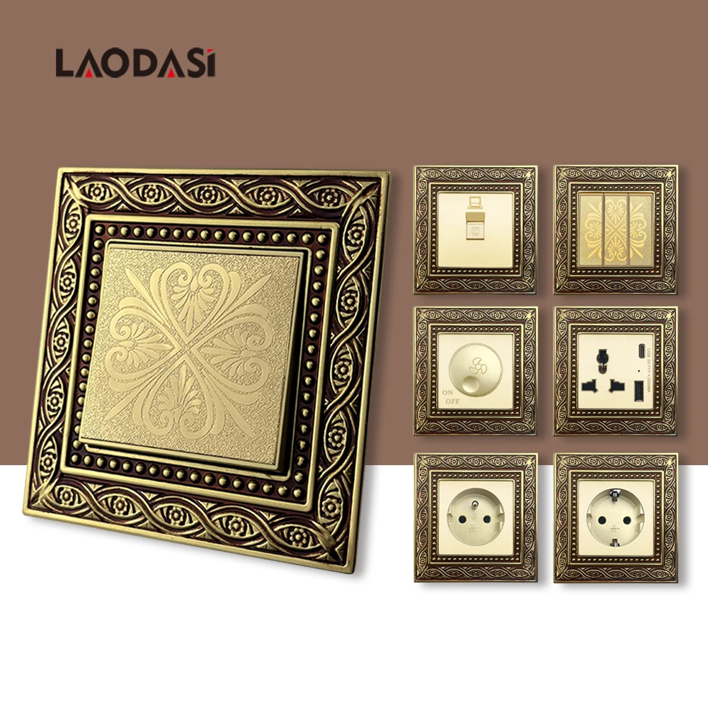 Laodasi Vintage Pattern European style Wall Light 1/2/3 Gang 1/2Way Switch Socket,EU France UK Wall Metal Copper Power Outlet