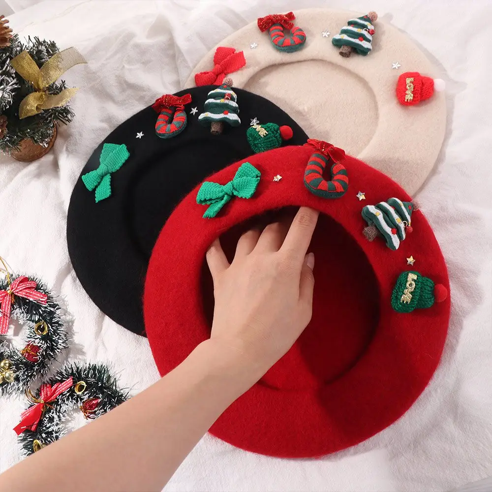 

Fashion New Year Christmas Beret Cap Red Green Wool Felt Christmas Beret Hat Sweet Party Xmas Painter Hat Girls