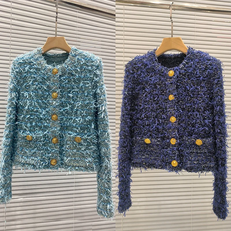 Jaqueta curta de tweed azul e dourada de alta qualidade, com bordados pesados, bainha com babados, estilo doce e gola redonda...