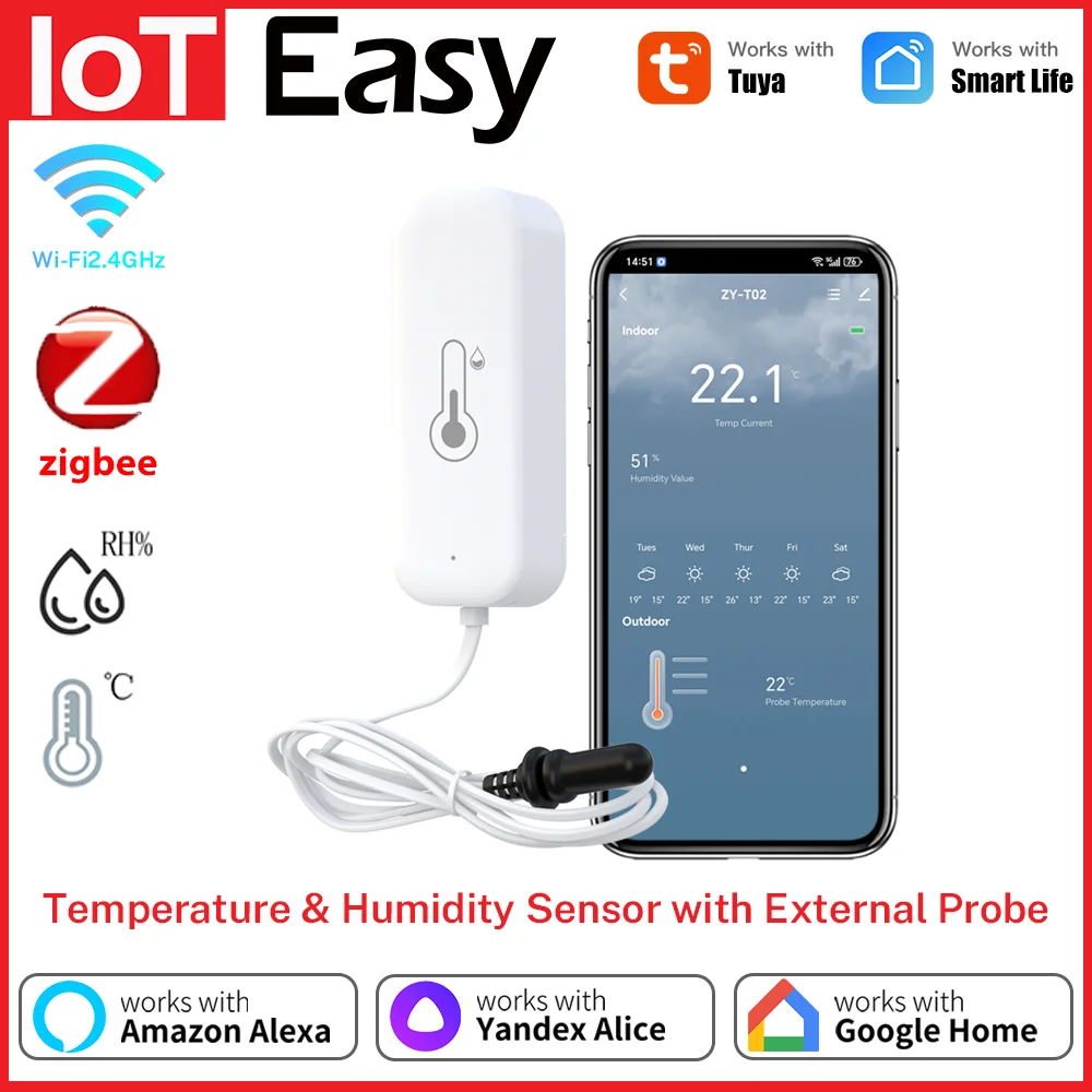 Tuya WiFi Zigbee Temperature Humidity Sensor with External Probe Smart Thermometer Hygrometer Work with Google Home Smart Life