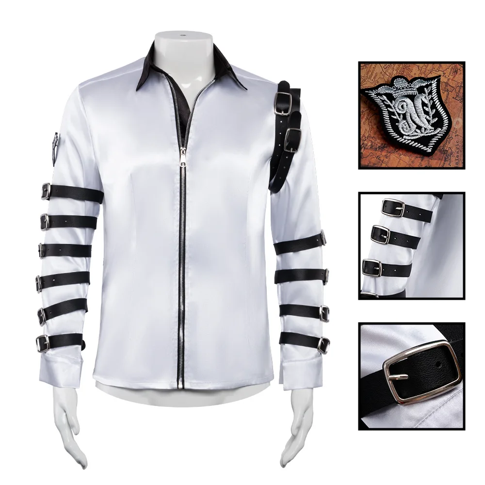 Cosplay Retro Silver Stage Performance Top Black Collar Strap Decor Zip‑Up Shirt With Badge Patch Party Dress‑Up