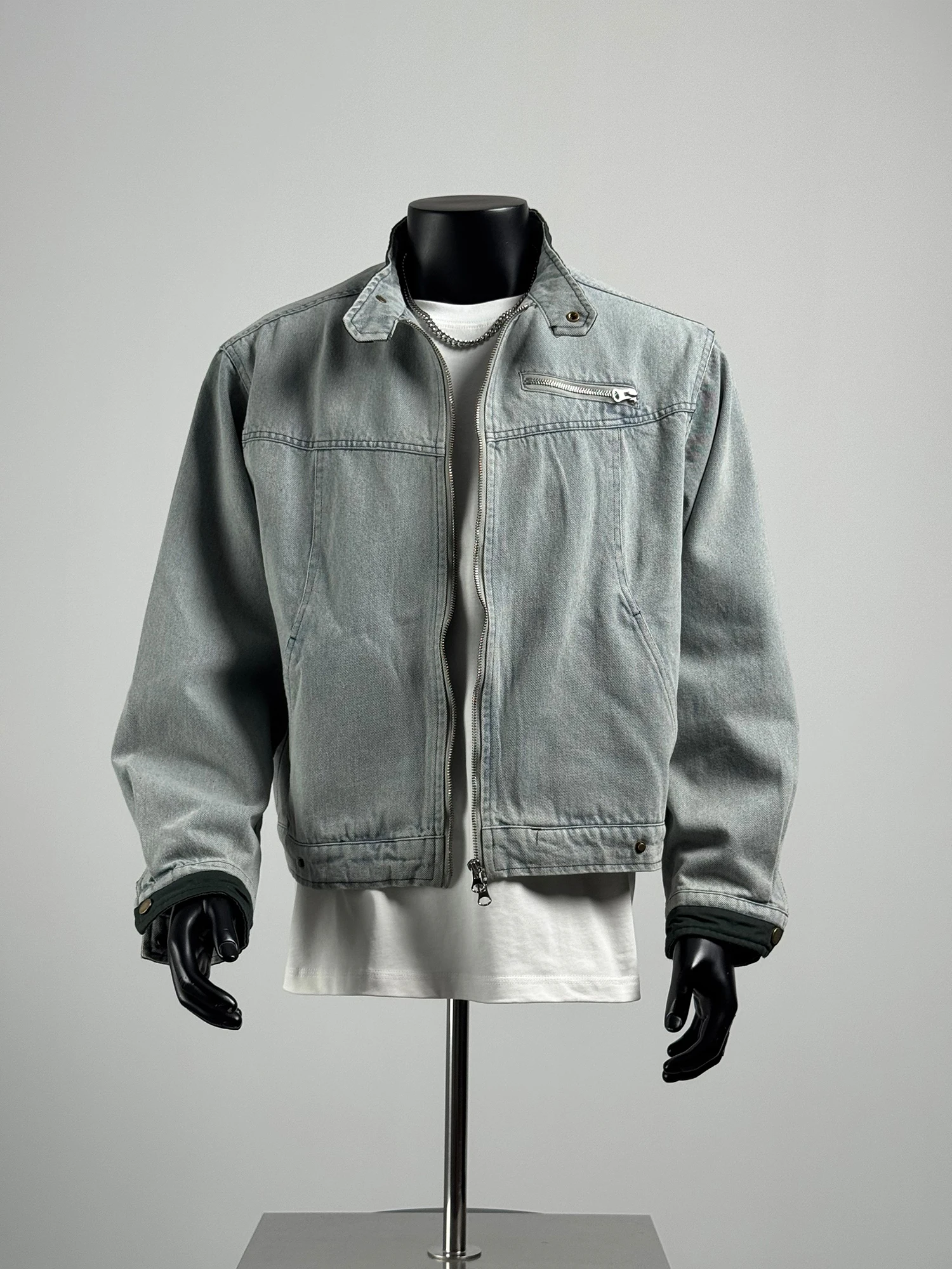 الأمريكية Sle ort اللون بلو الدنيم Jaet الرجال فضفاضة تناسب ملابس خارجية غير رسمية الخريف 2025 الشباب مزيج القطن سستة إغلاق