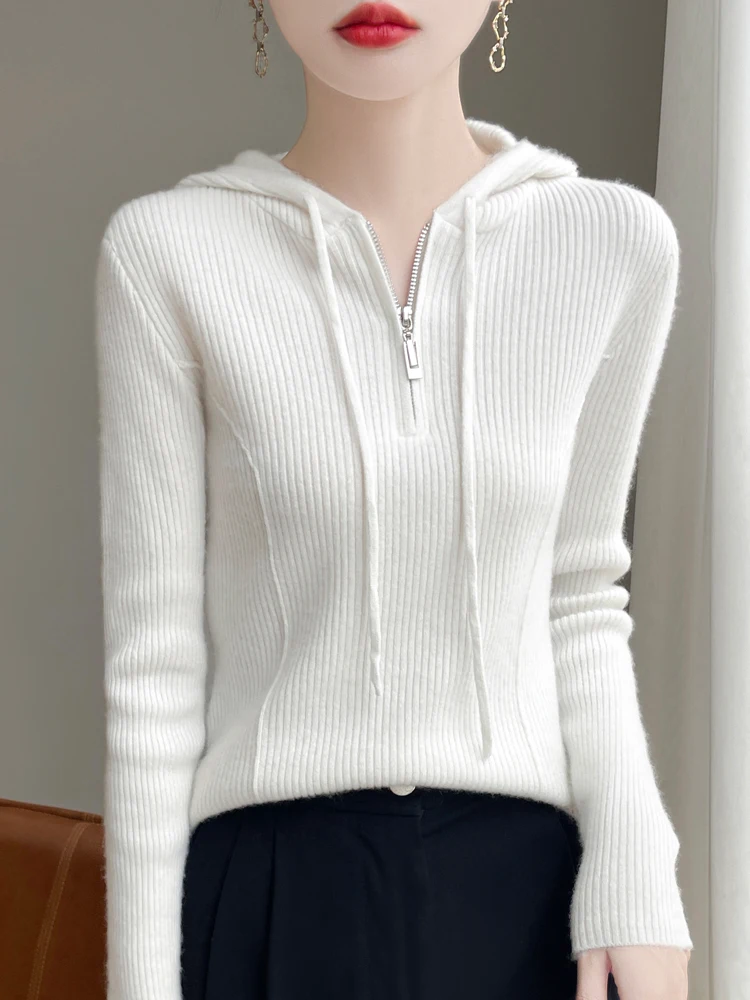 

Женский свитер из 100% шерсти, тонкий пуловер с капюшоном, длинными рукавами и короткой молнией, мягкий, теплый, весенне-осенний, вязаный шерстяной пуловер, топы