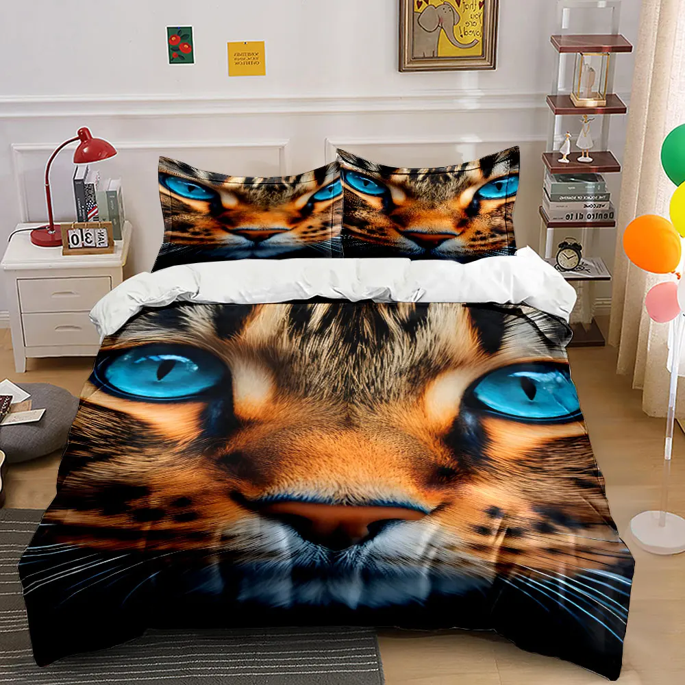 Close-up of Blue-eyed Tabby Cat Print Bedding Set 1 Duvet Cover 2 Pillowcases for Adult and Children Luxury Gift Full Size
