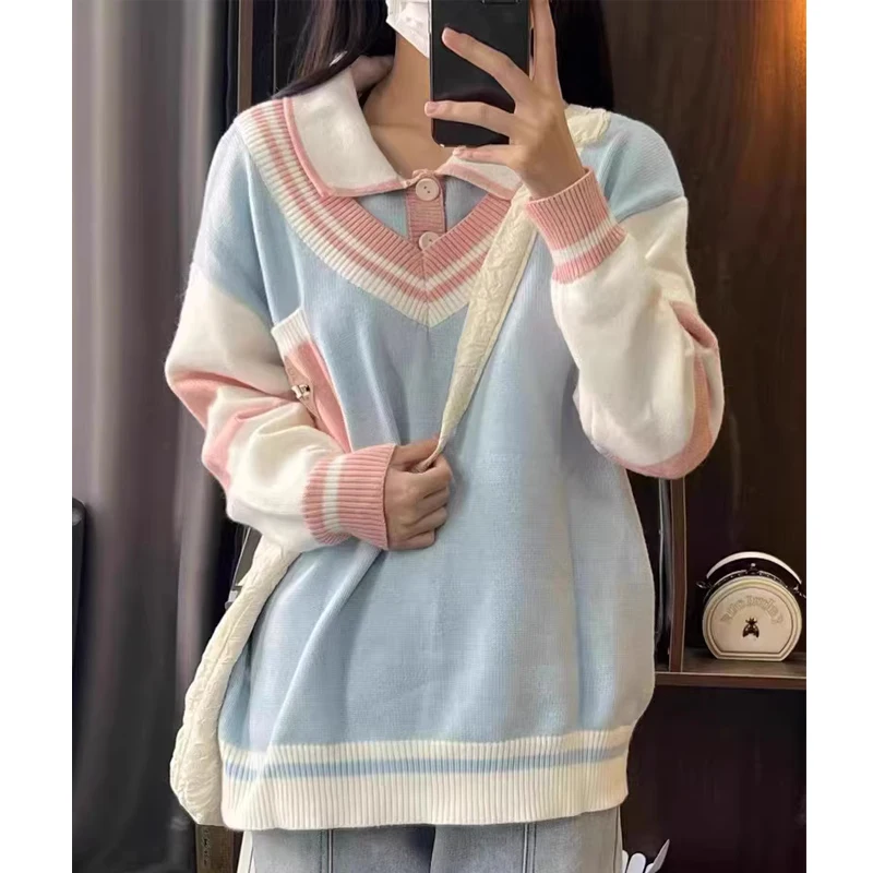 Jesień Zima Kobiety Styl Preppy Patchwork Fałszywy Dwa Dzianinowy Sweter Y2K Kobieta Słodki Kawaii Szykowny Luźny Długi Rękaw Pullover Tops