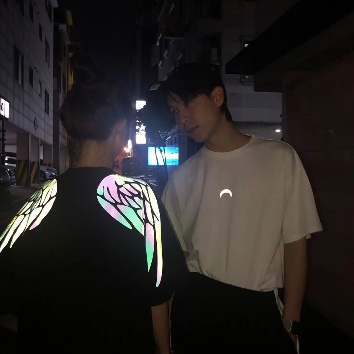 

T Shirt For Women Men Couple Wing Reflective Printed Short Sleeve Japan Harajuku Tshirt Autumn Tops Tees Hip Hop T Shirt Male