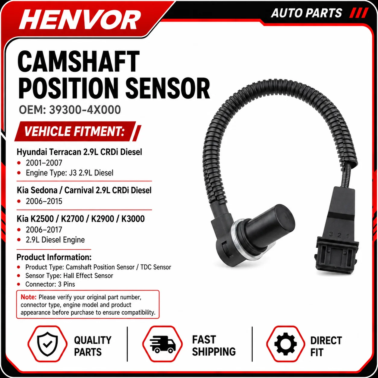 393004X000 Camshaft Position Sensor for Hyundai Terracan Kia Carnival Sedona K25000 K2700 2.9L Diesel
