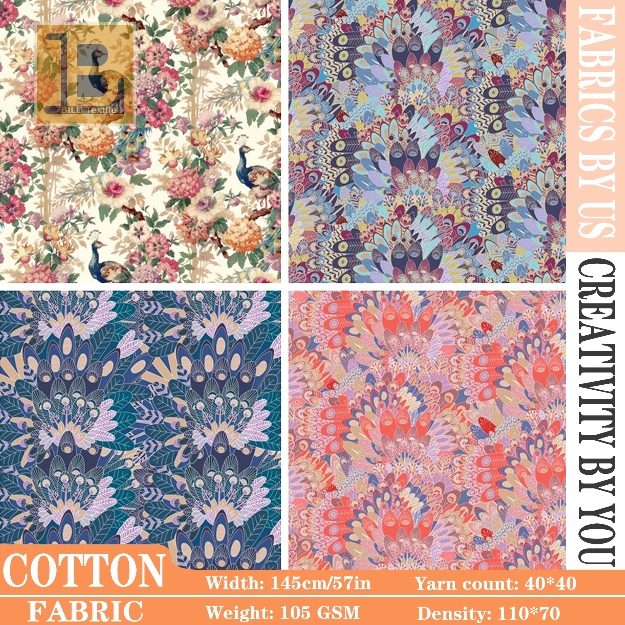 

Peacock Floral Print 100% Cotton Fabric - 40s Premium for Clothing, DIY & Home Decor (per meter)